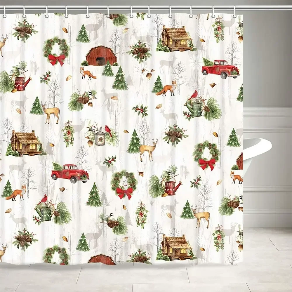 Christmas Shower Curtain Set Red Retro Truck Xmas Tree Fox Squirrel Vintage Farmhouse Style Bathroom Curtains Fabric Decor Hooks