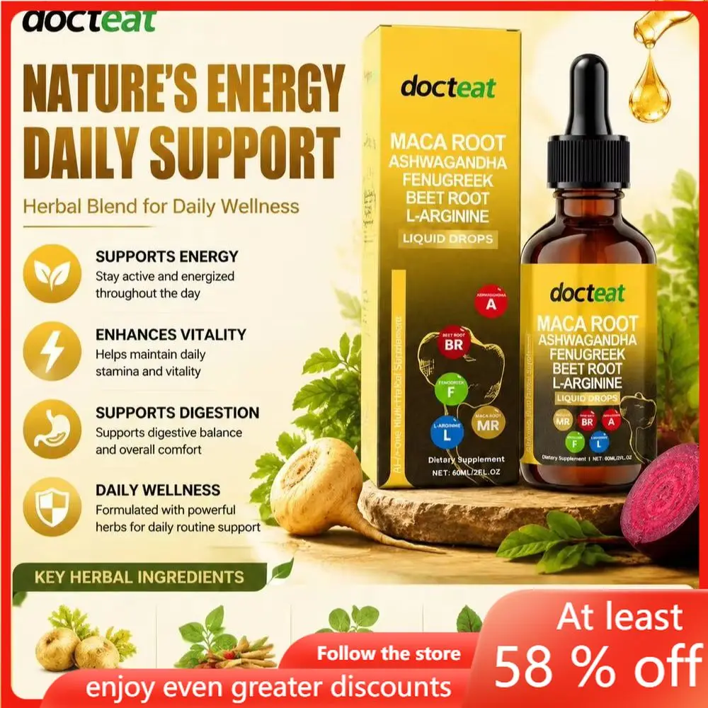 Docteat Maca Root Liquid Drops with Ashwagandha, Fenugreek, Beet Root and L-Arginine for Adult Energy and Vitality Support 60 ML