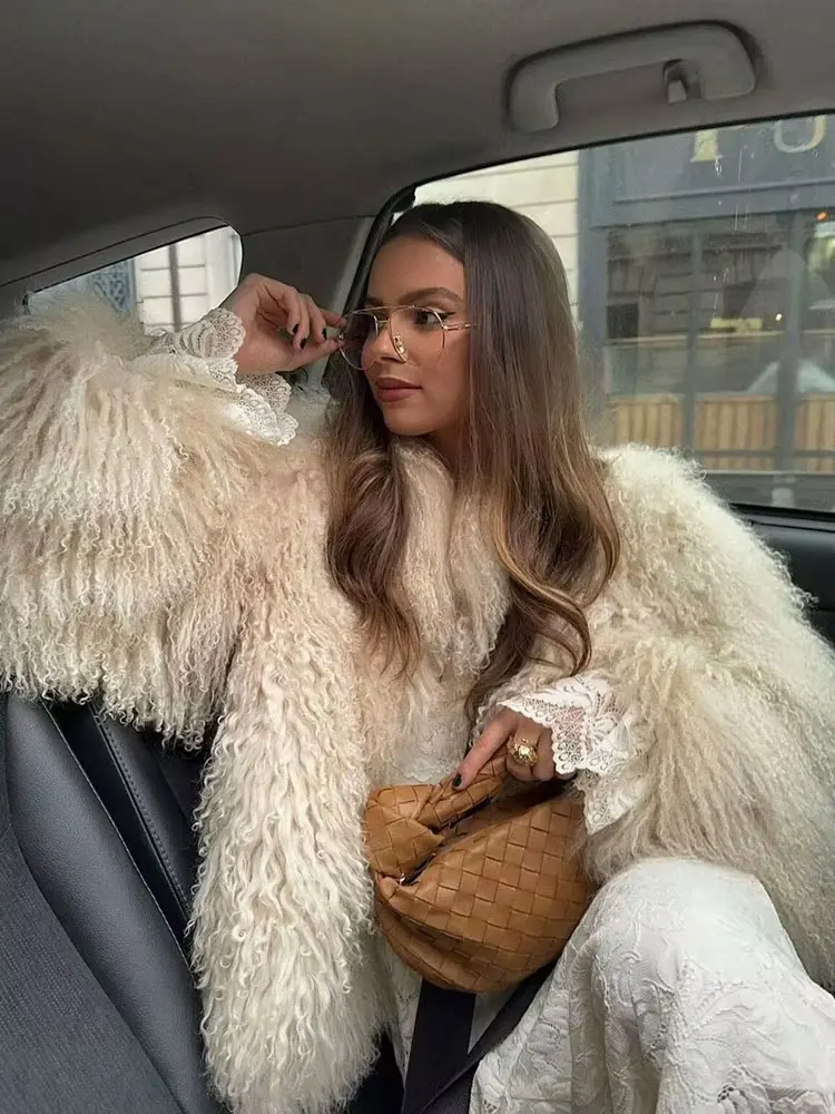 TRAFZA Zimowe Kobiece Modne Eleganckie Futrzane Płaszcze Casualowe Solidne Długie Rękawy Kołnierz 3-kolorowe Jesienne Ciepłe Szykowne Kurtki