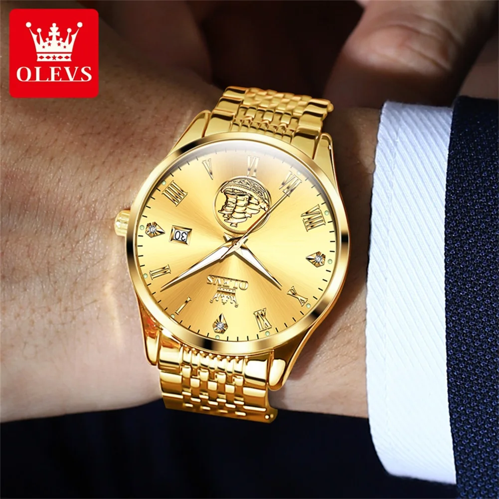 OLEVS 6696 Automatic Watch for Men Luxury Brand Real Gold Sailboat Stainless Steel Waterproof Date Men\'s Mechanical WristWatch