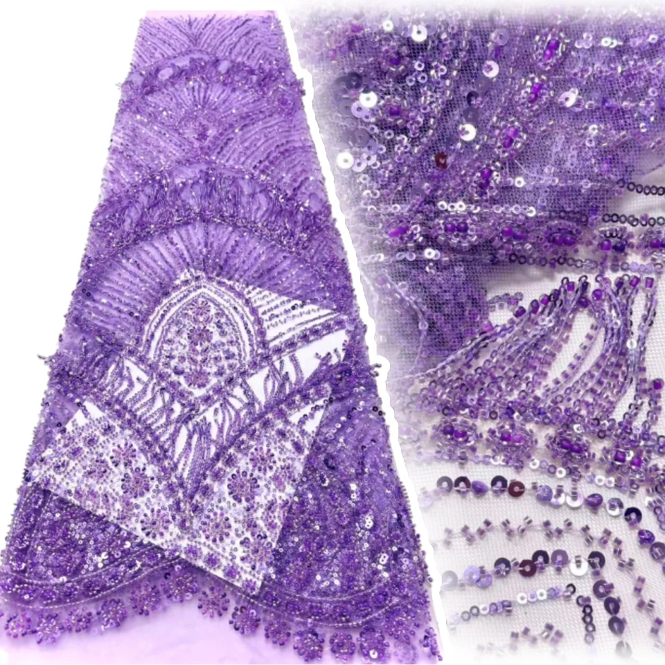 

High Quality New for Party Dress Luxury Beaded with Sequins Fringed Lace Fabric Nigeria Embroidery Sequin Tassel Fabric CC1587