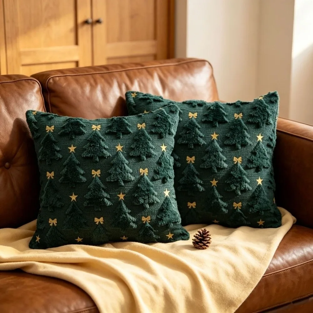 Cute 3D Embroidery Christmas Pillow Cover Golden Stars Throw Cushion Case Bowknot Without Pillow Insert Pillowcase Xmas Decor