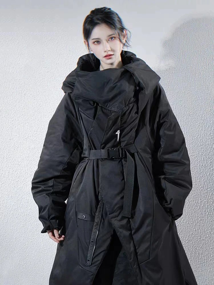 Piumino invernale con cappuccio irregolare di media lunghezza da donna Piumino imbottito in cotone al ginocchio Piumino femminile spesso caldo lungo Parker Outwear