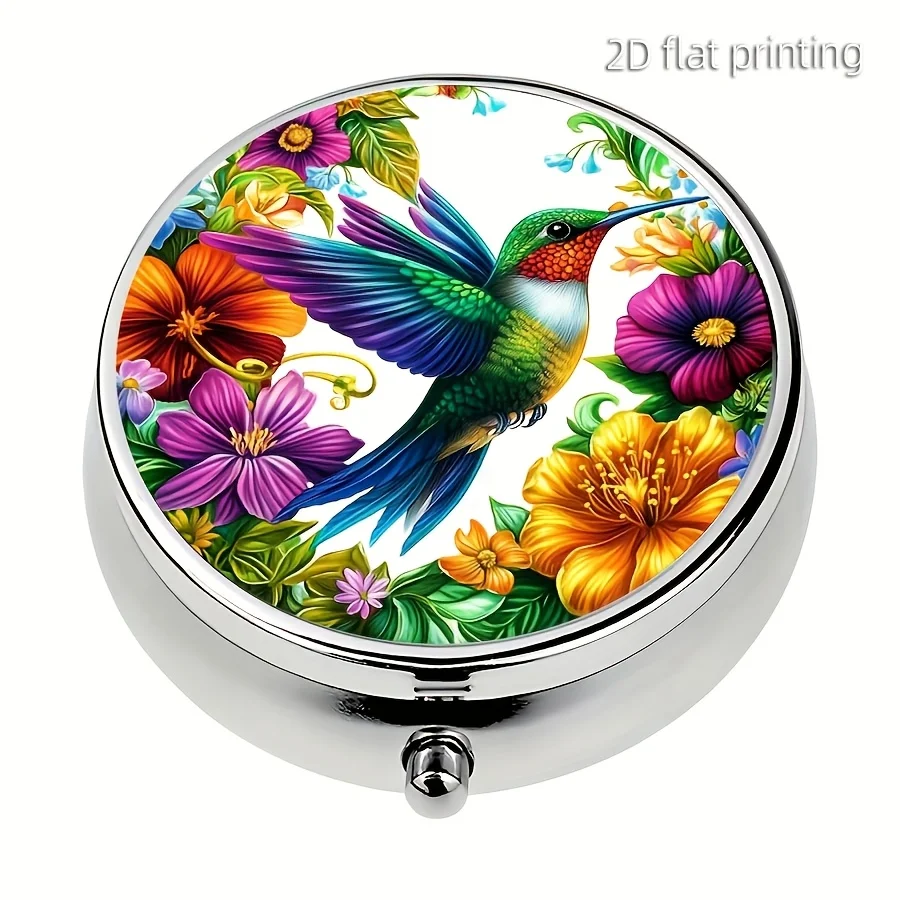 1 Hummingbird Floral Pattern Metal Pill Box, Three-Compartment Portable Medicine Organizer, Pocket-Sized Vitamin Case, Food-Grade Safe, Stylish Gift Choice, Wallet Pill Box