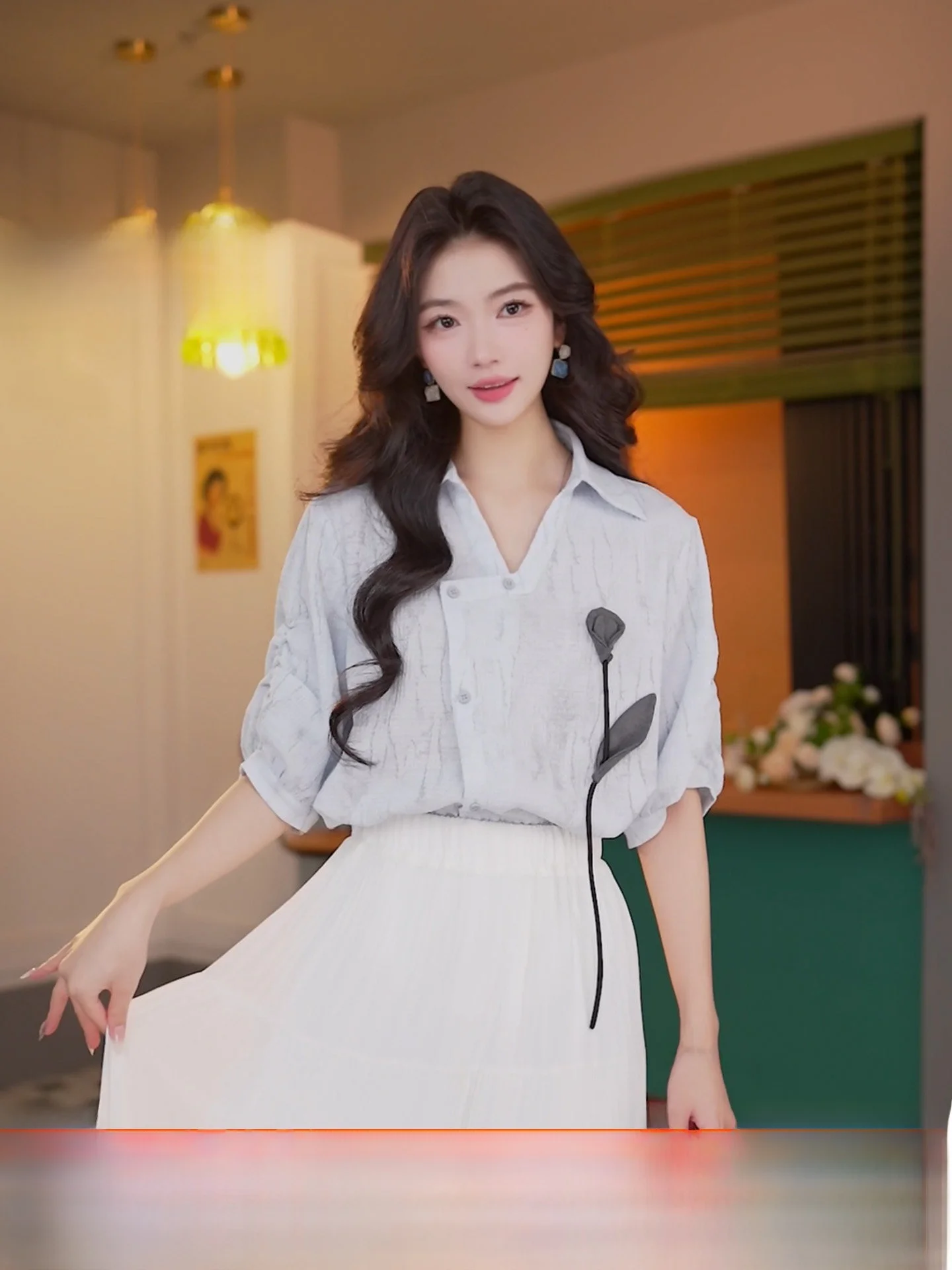 

Loose Casual Blue irt ort Sve Women's Design Sense Tee-dimensional Decoration ey Blue Casual irt Commute Sle