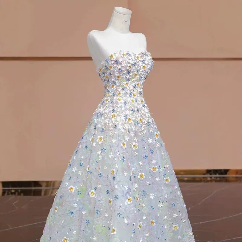 

Super Fairy Evening Dress 2025 New Floral Embroidery Tube Top Birthday Party Fluffy Skirt Formal Women Elegant Party Dresses