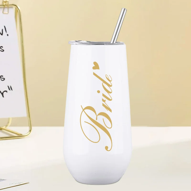 6oz Wine Cup Tumbler With Straw Stainless Steel Insulated Vacuum Champagne Cup Wedding Water Cup Gift For Bride And Bridesmaid