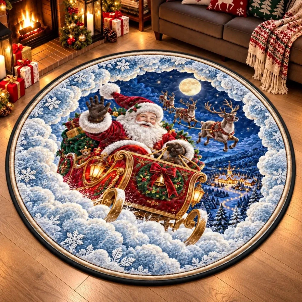 Santa Claus Flying Sleigh Christmas Circle Rug Entrance Hallway Sofa Side Home Decor Bedroom Kitchen Coffee Table Doormat Rug