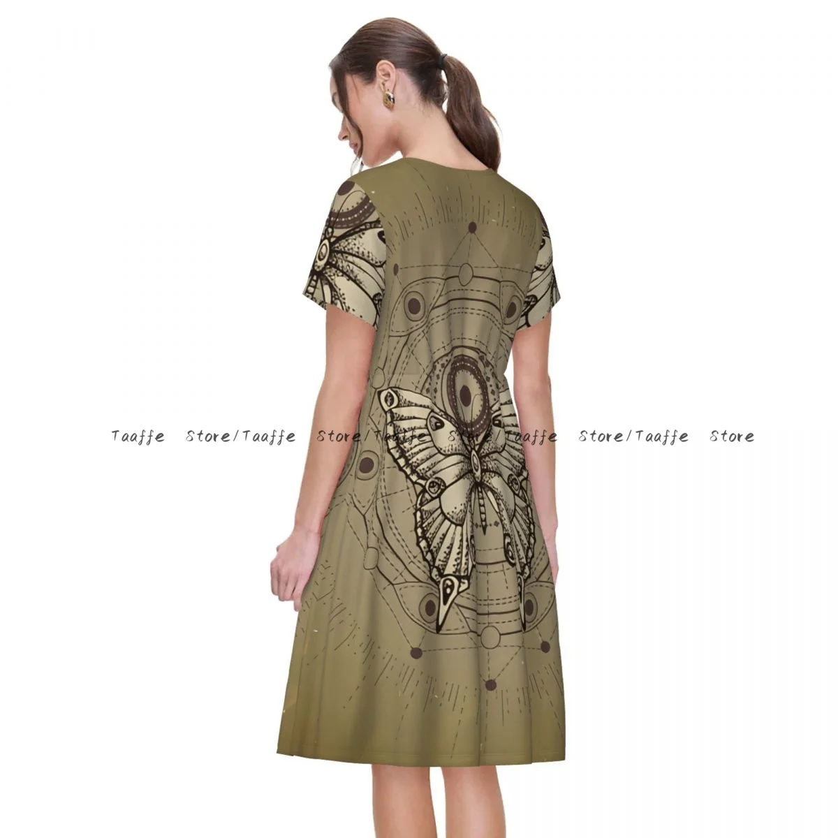 Women Casual Elegant Dress Butterfly Sacred Geometric Symbol Short Sleeves Loose Dresses Weekend Holiday