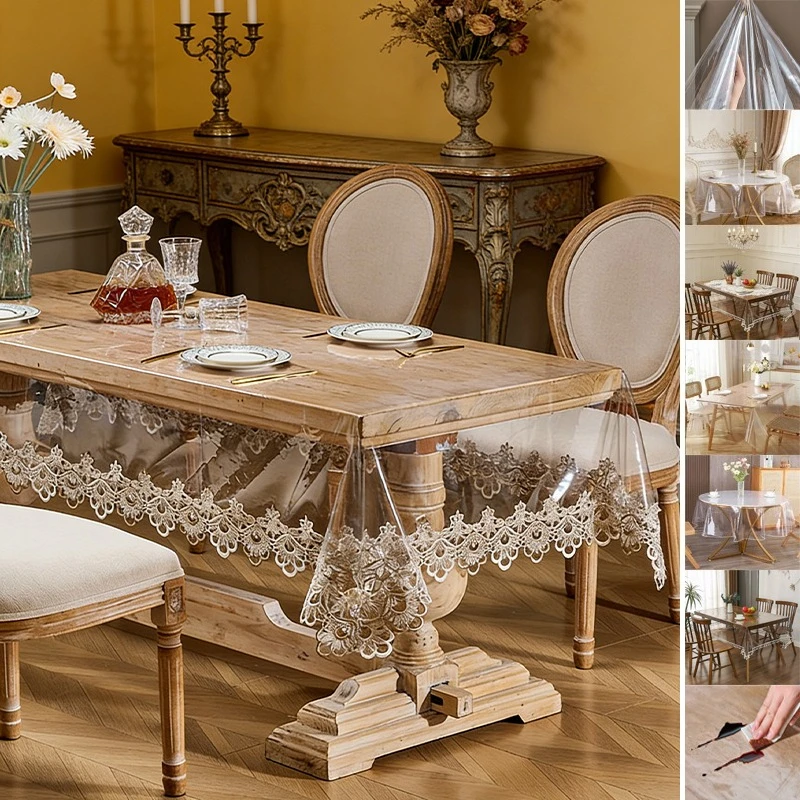 

French Lace Embroidered PVC Tablecloth Waterproof and Oil Resistant Transparent Home Tablecloth Suitable for Long/round Tables