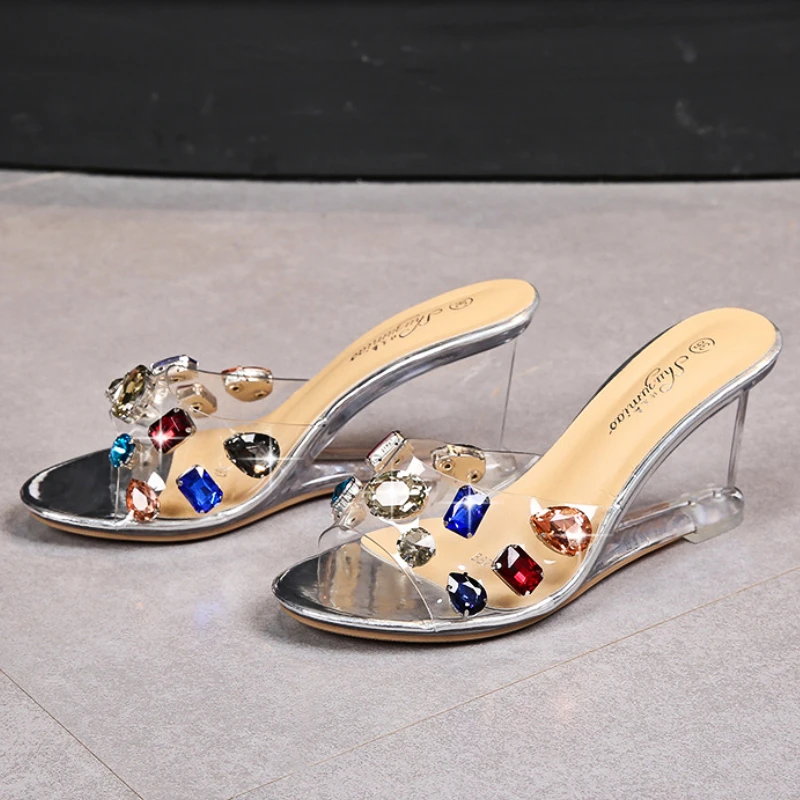 Rhinestone Transparent Slipper Women Open Toe Crystal Luxury High Heels Sandals Female Gems Designer Luxury Wedge Sandals Women