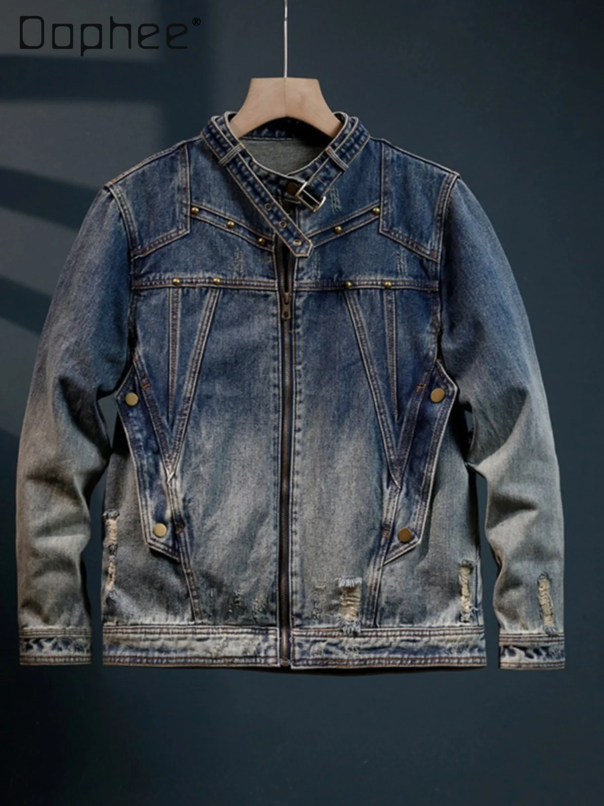 

Весна и осень 2024, новая синяя свободная повседневная джинсовая куртка с воротником-стойкой, мужская куртка на молнии с градиентом и заклепками