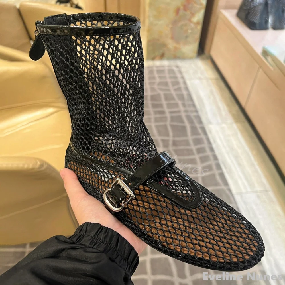 Breathable Hollow Flat Sandals Women Round Toe Back Zipper Belt Buckle Ankle Boots 2024 Summer New Fashion Designer Black Sandal