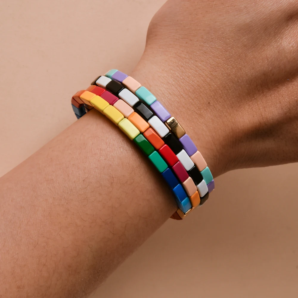 New Design Enamel Elastic Bangle For Women Square Charms Bracelets Colorful For Gift Handmade Jewelry