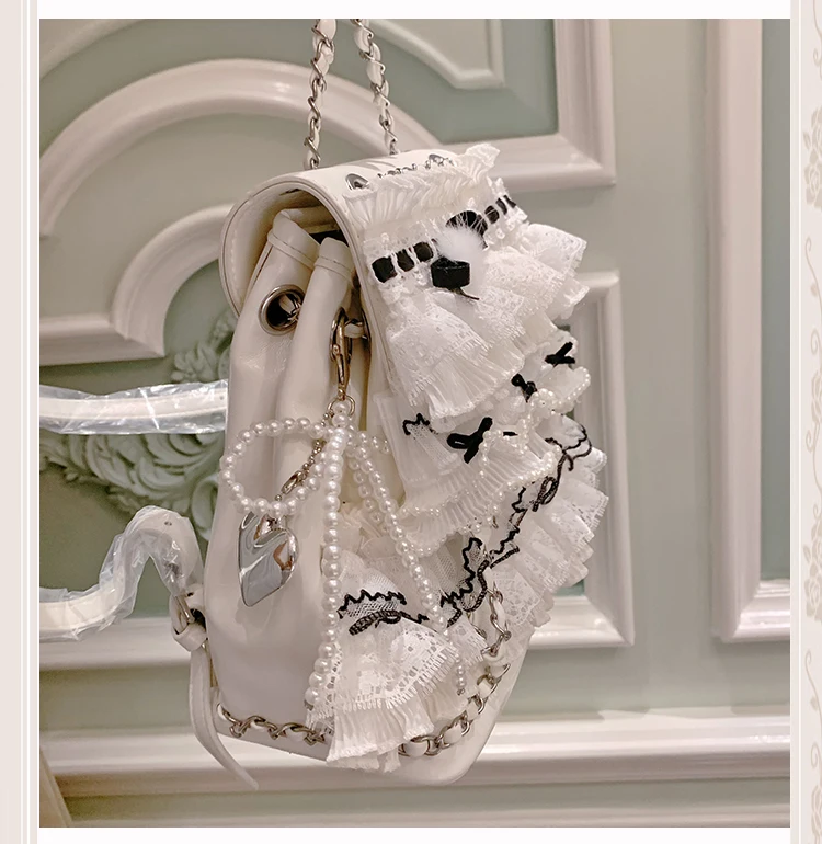 Japanese Original Lace Trim Pearl Bow Handbag French Sweet Elegant Lady Fashion Versatile Backpack