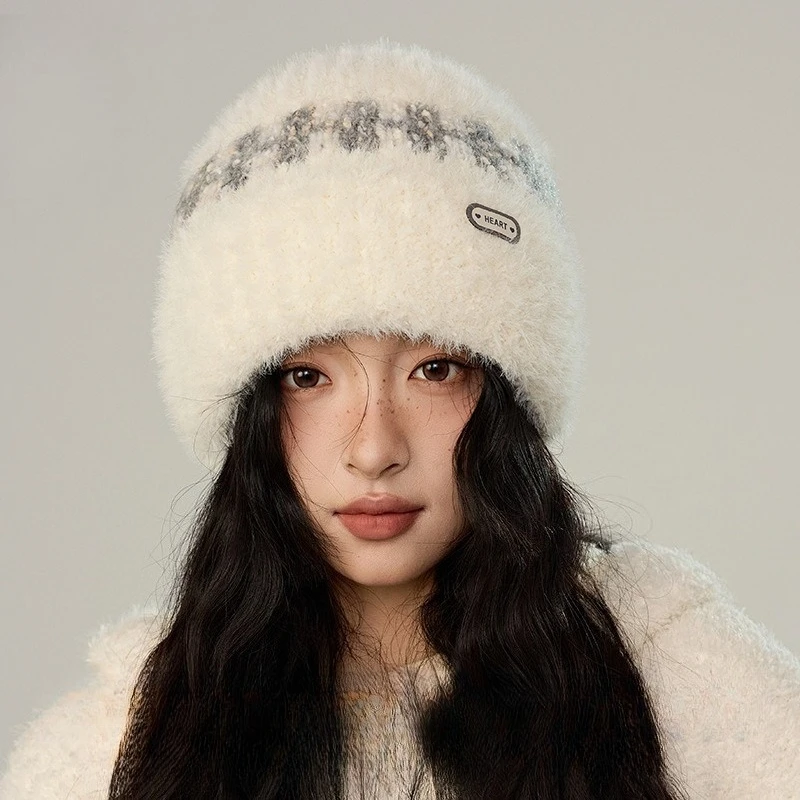 Hat Winter New Color Matching Plaid Thickened Knitted Hat Korean Version Versatile Velvet Ear Protection Small Thermal Hat