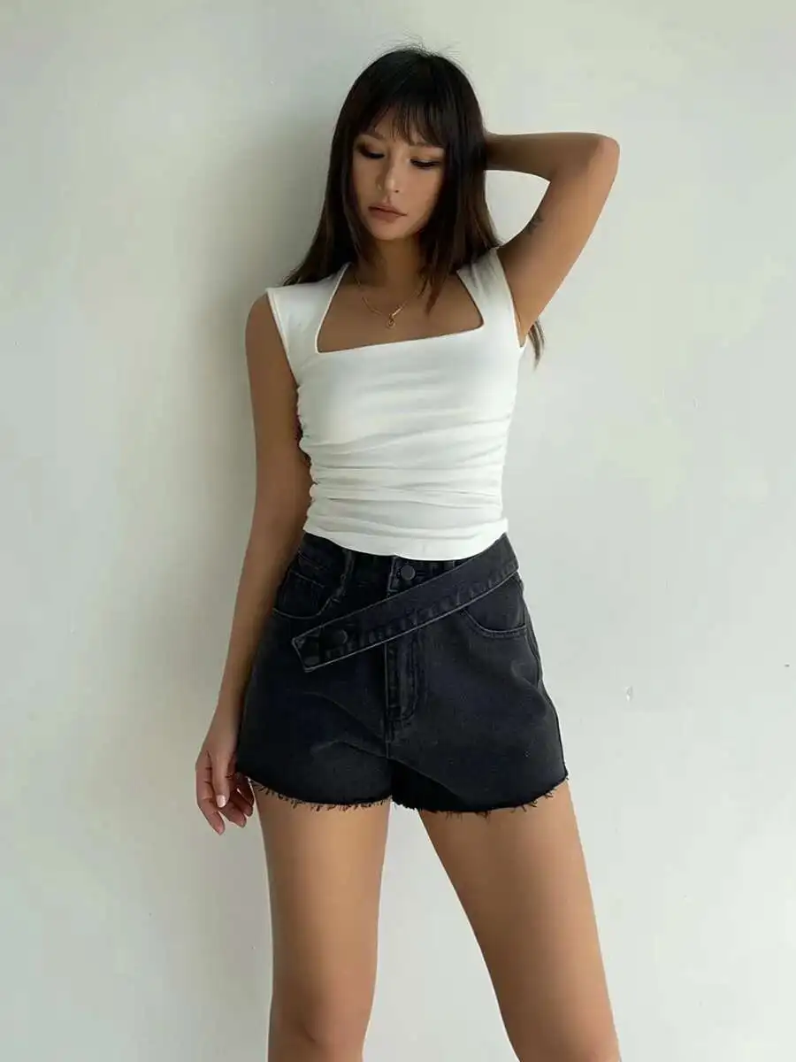 

European And American Style 2024 Summer Sexy Spicy Girl Square Neck Solid Color Elastic Tight Cotton Sleeveless T-shirt USUF