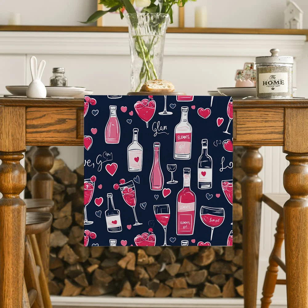 Valentine's Day Wine Bottle Wine Glass Love Table Runner Polyester Table Runners for Dining Room Cottagecore Polyester Table