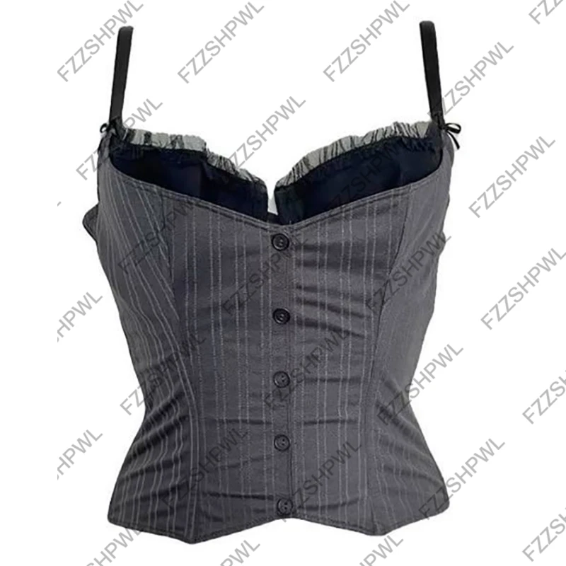 Женский полосатый жилет в стиле эмо-альт-гранж 2000-х годов, готический, темный, киберпанк, уличный стиль, эстетичный корсетный укороченный топ, однотонная одежда в стиле Y2K инди