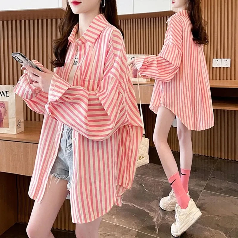 Jackets for Women Long Sunscreen Women Wear Summer Lloose Plus Size Casual Joker Sun-protective Clothing Striped Shirt Jacket