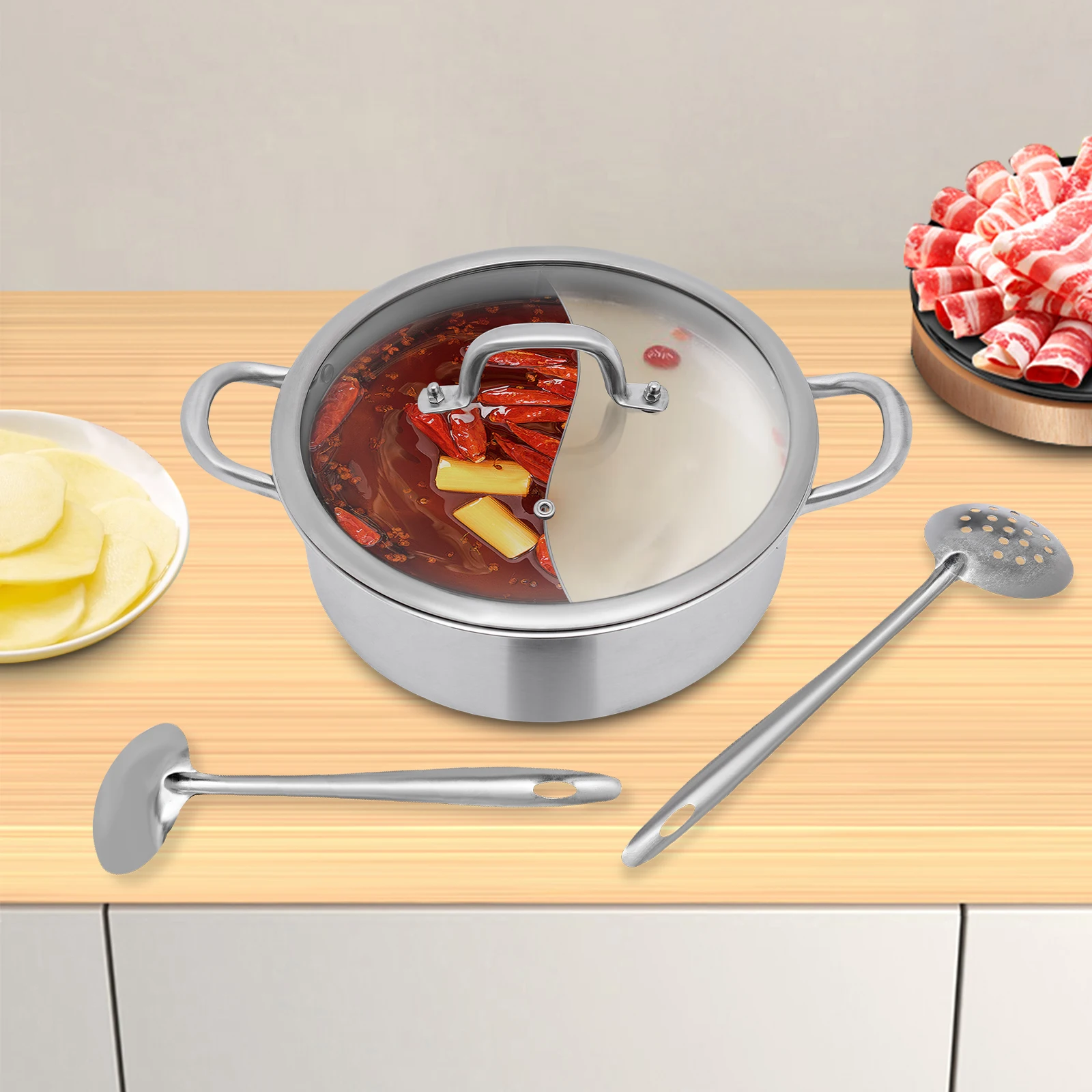 

28cm 304 Stainless Steel Hot Pot with Divider, Glass Lid & Spoons (Silver)