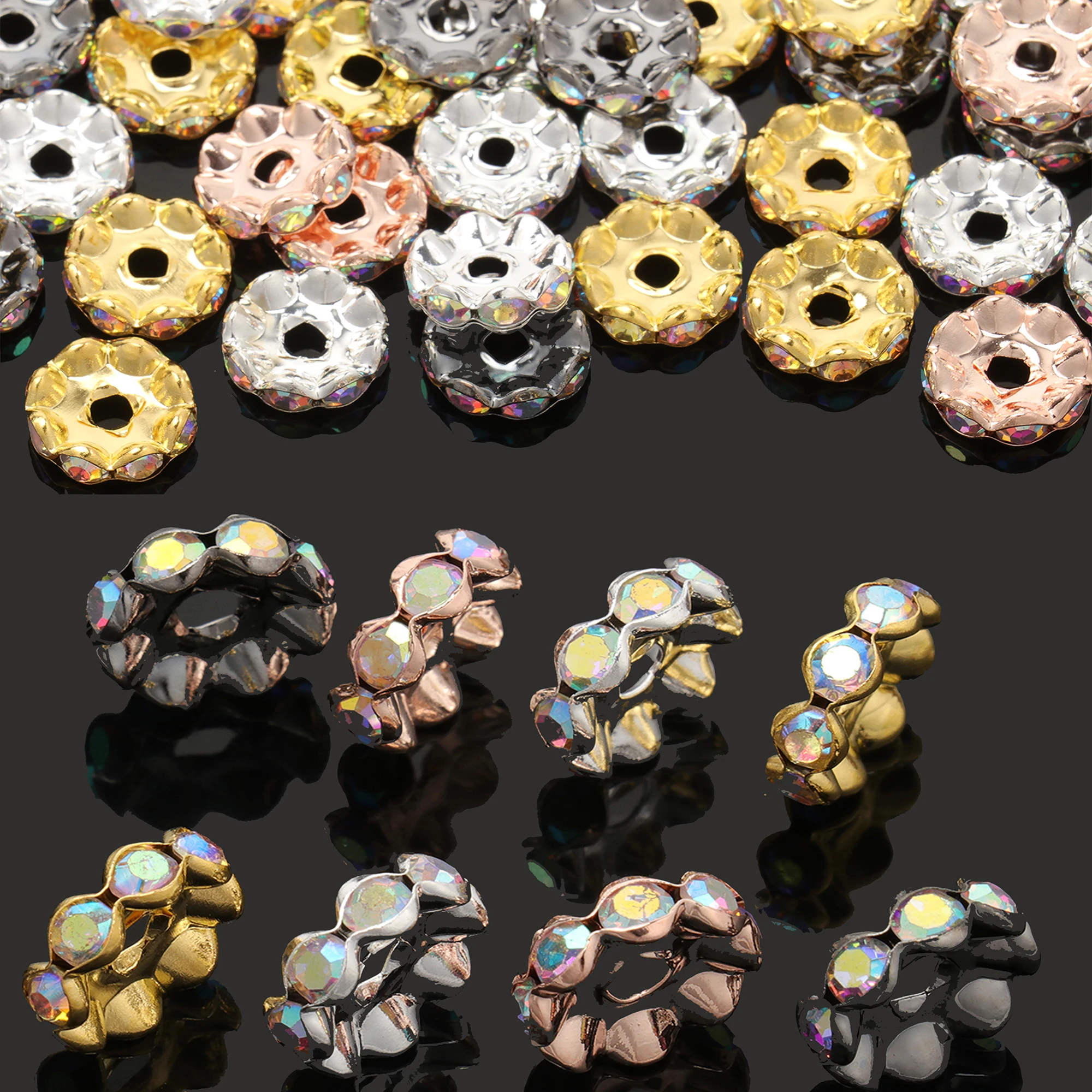 30pcs 10/12mm Big Hole Rhinestone Beads Wave Edge Loose Spacer Beads for Jewelry Making DIY Bracelets Necklace Pen Decor Beads