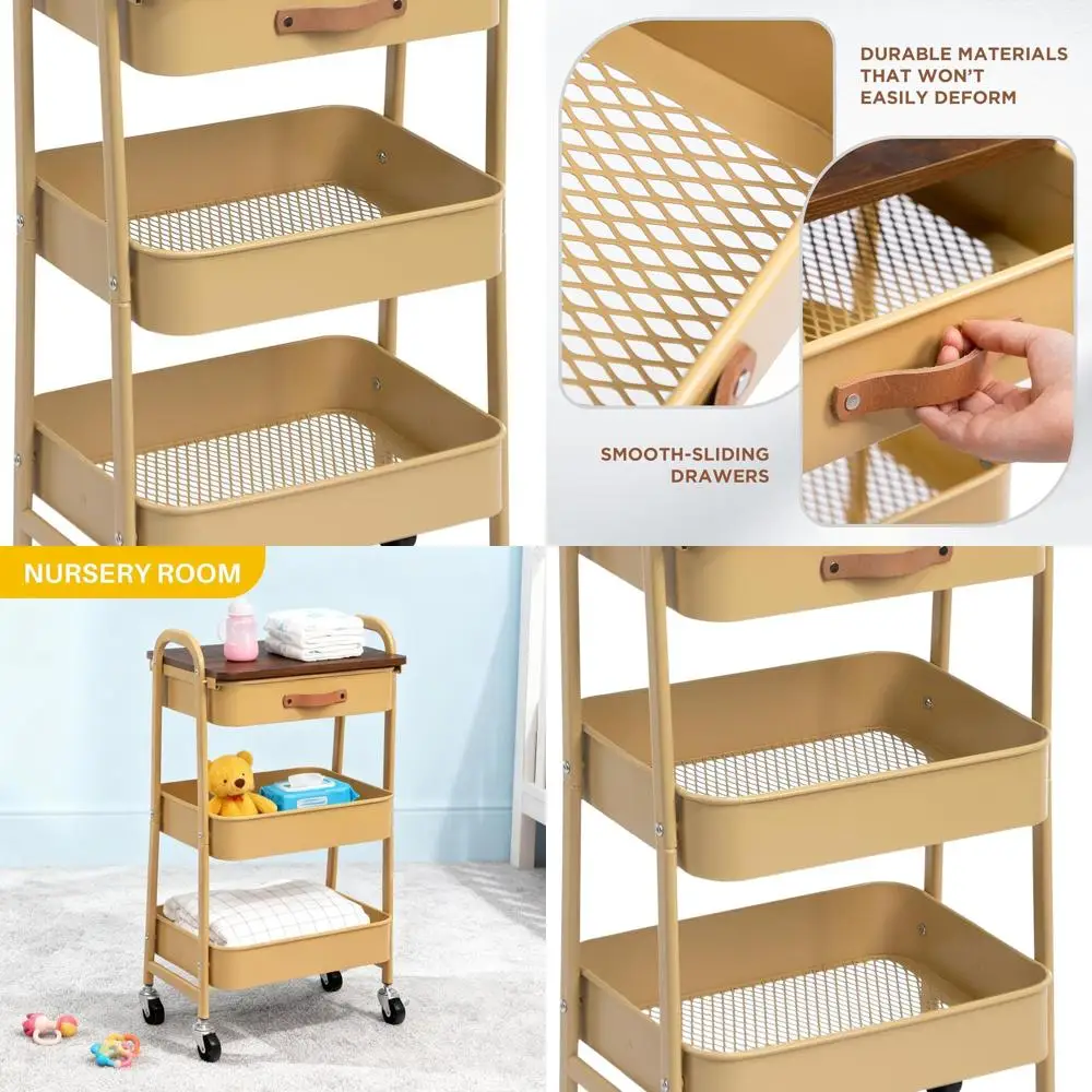 

3-х уровневая металлическая тележка на колесиках с деревянной столешницей, мобильный органайзер для дома и офиса, хаки