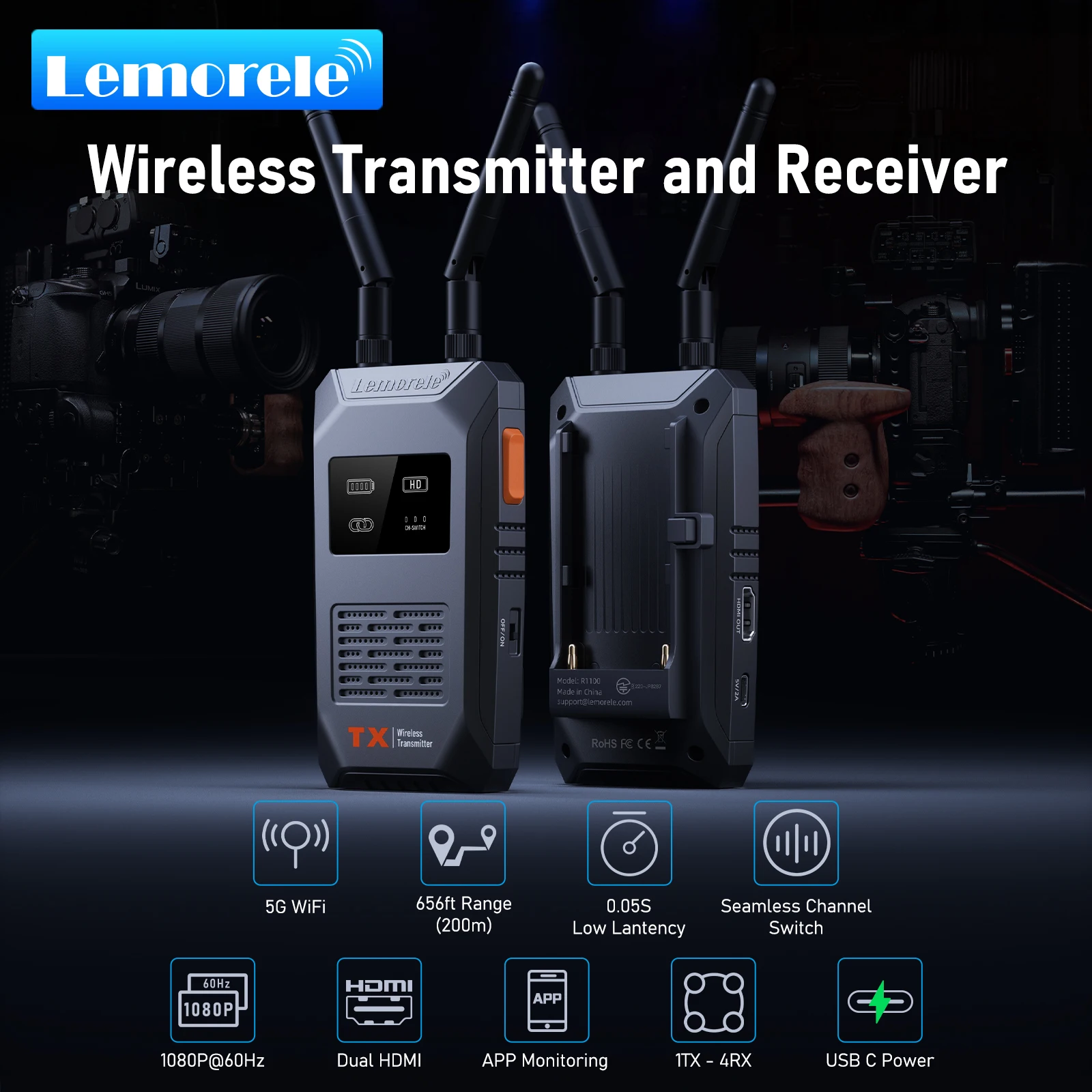

Lemorele 200M Wireless HDMI Transmitter and Receiver 1080P Audio Video Transceiver for Photography Live Streaming PC Projector