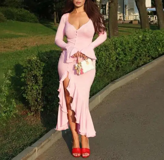 

Women Dresses 2026 Spring Summer New Fashion and Sexy V-Neck Trumpet Long Sleeve Ruffle Hem Split Casual Daily Long Dress