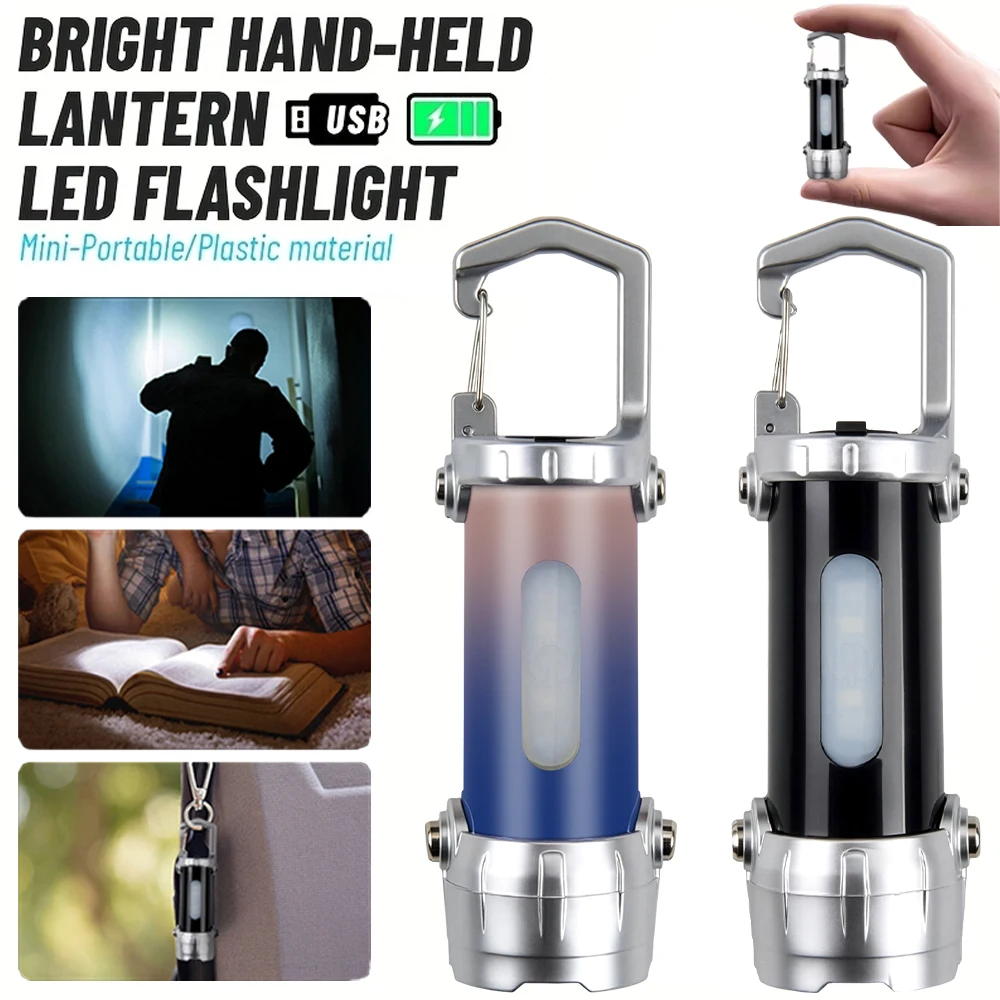 Mini linterna LED COB, linterna recargable por USB con gancho, llavero portátil, linterna para acampar al aire libre con luz roja y azul