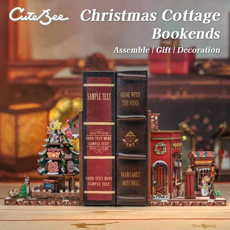 CUTEBEE Christmas Bookends DIY Dollhouse Wooden Bookshelf Insert Book Nook Decoration 3D Puzzle for Craft Gift Christmas Cottage