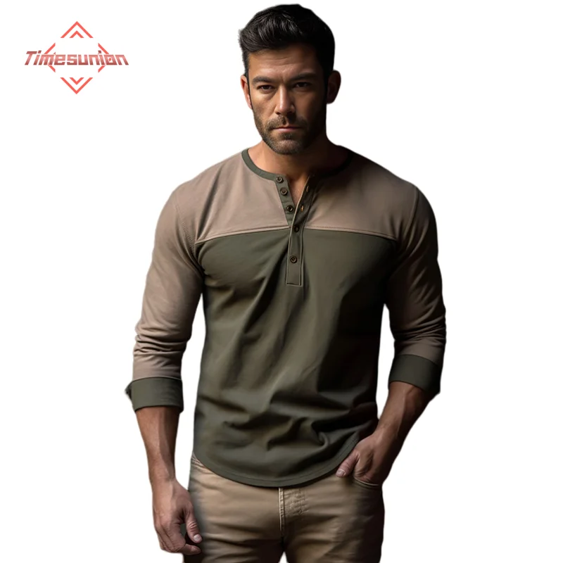 

Fashion Single-breasted T Shirt for Men Trendy Splicing T-shirts Henley Collar Long Sleeves Men's T-shirts