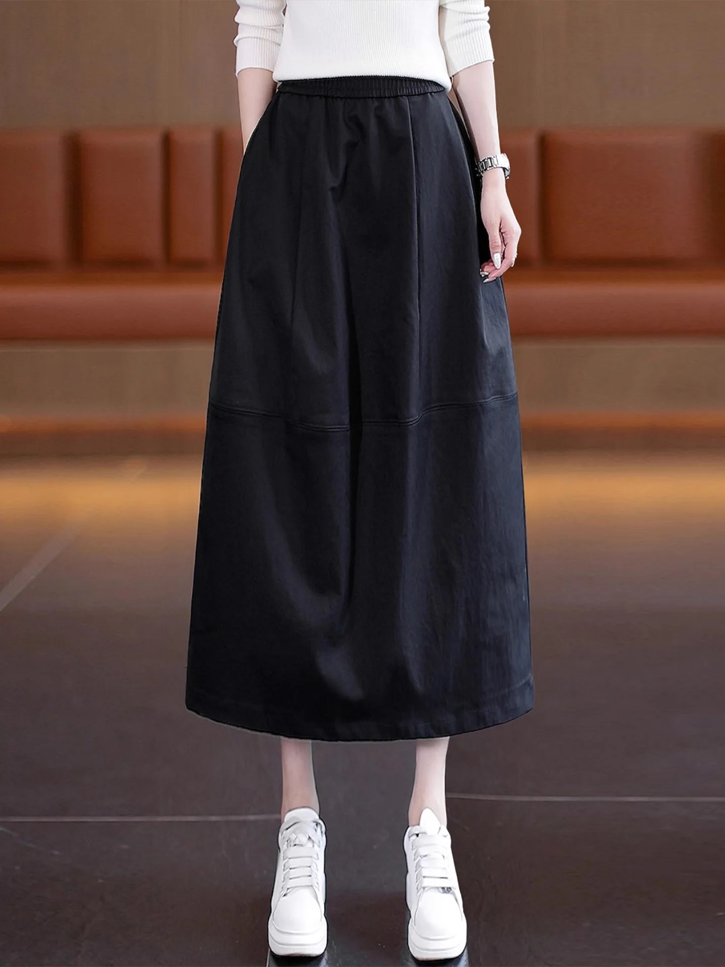 

Black Flower Bud Skirt High Waist Elastic Women's Spring Autumn Mid-Length A-Line Umbrella Skirt Slimming Hip Concealing