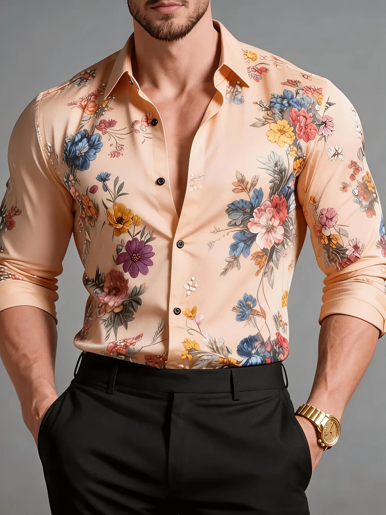 New pink base multi-color rainbow horizontal stripe print white button men's trendy slim fit long sleeved shirt