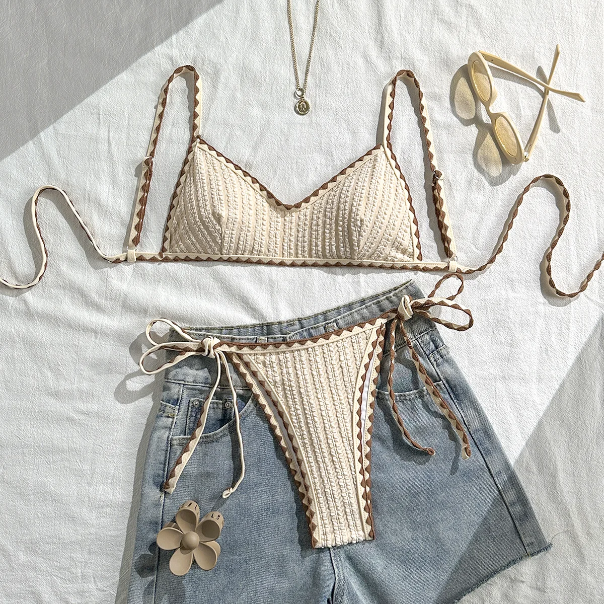 Sexy Halter Wrinkled Weave Bikini Set Beach Vacation Women's Two-Piece Crochet Color Block Vintage Tie-Up Split Bikini Swimwear