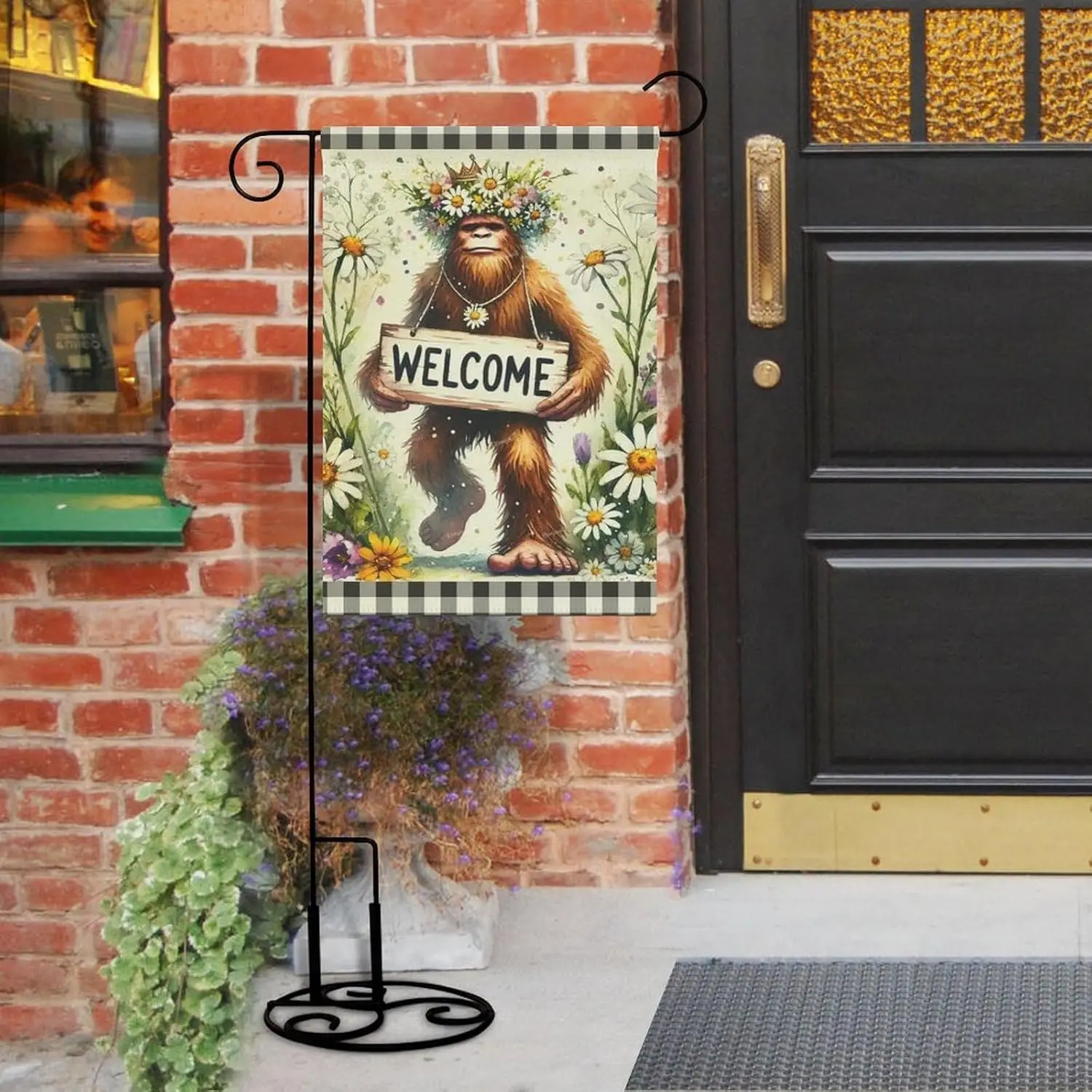 Bigfoot Flowery Sasquatch Garden Flag 28x40 Inch Double Sided Waterproof Polyester Seasonal Yard Banner Holiday Porch Decor  yyi