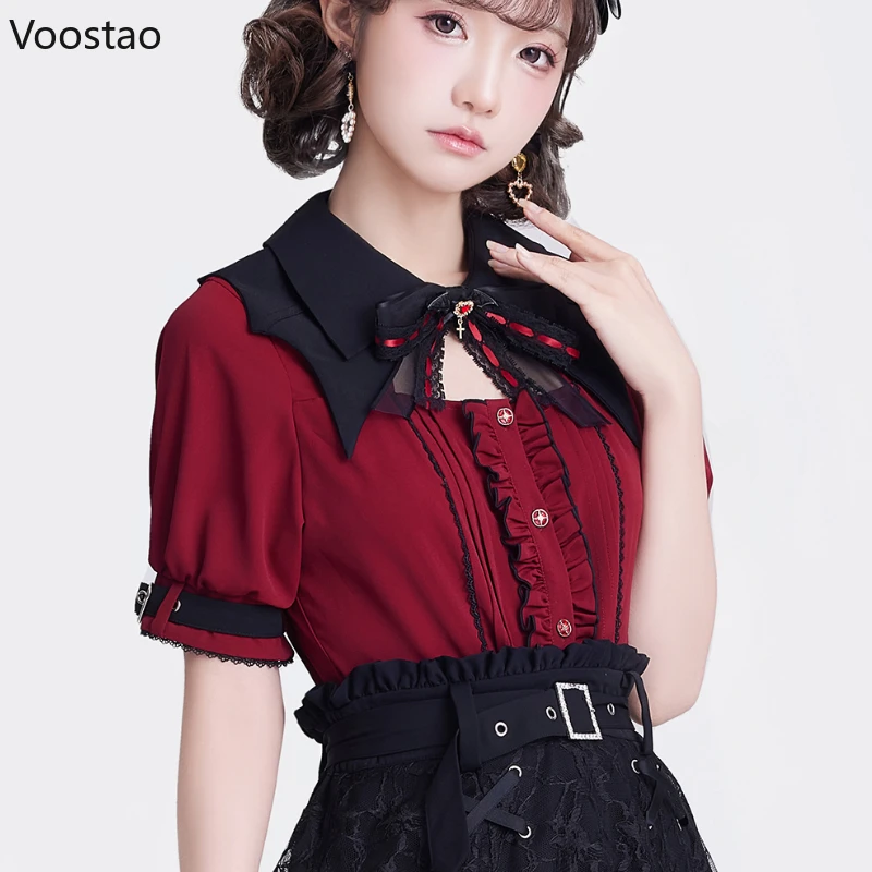 Gothic Y2k Aesthetic Shirt Japanese Cute Lolita Bow Lace Hollow Out Bat Collar Puff Sleeve Loose Blouse Women Sweet Clothes Tops