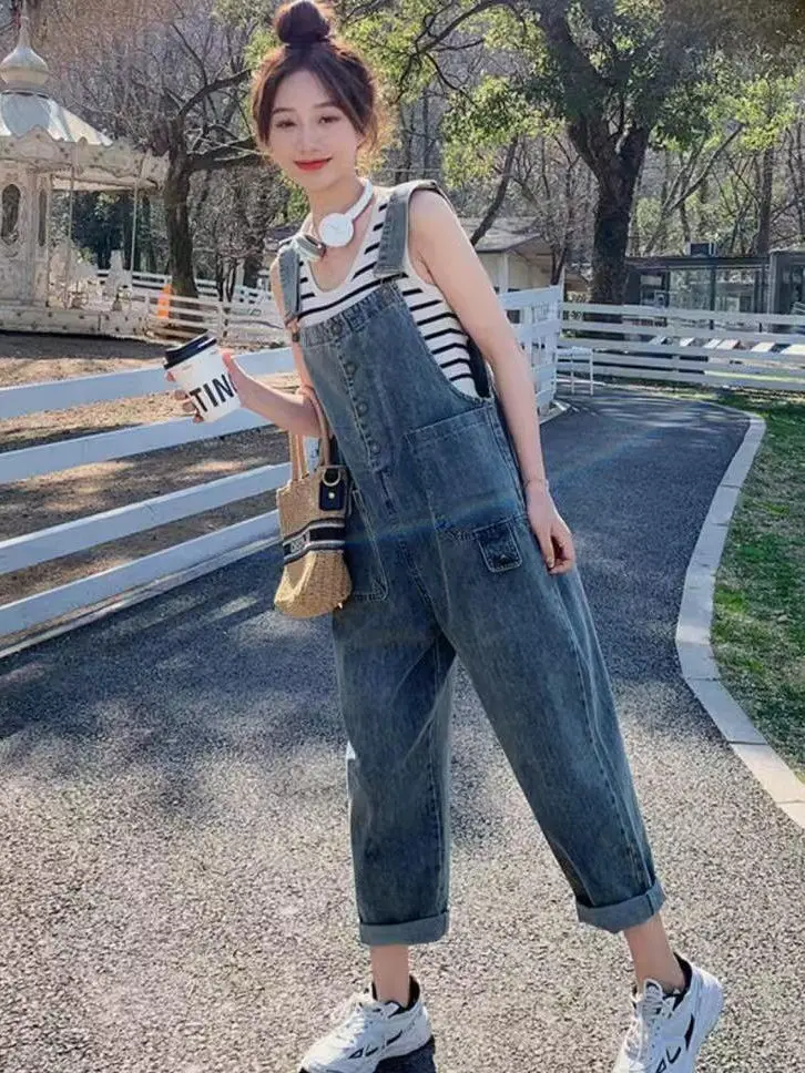 

Джинсовые комбинезоны в стиле ретро, Гонконг, женские весенне-летние новые модные свободные повседневные цельные брюки с высокой талией и широкими штанинами