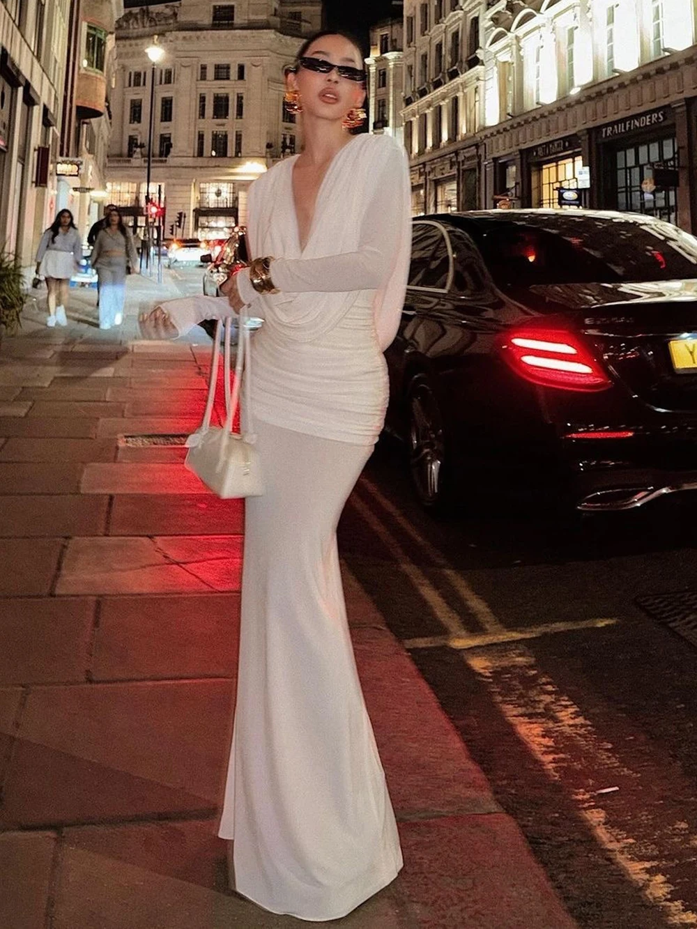 جديد نقي الأبيض الفرنسية الرجعية مطوي فستان طويل عميق الخامس فستان التخسيس بأكمام طويلة فساتين العشاء الطرف #6