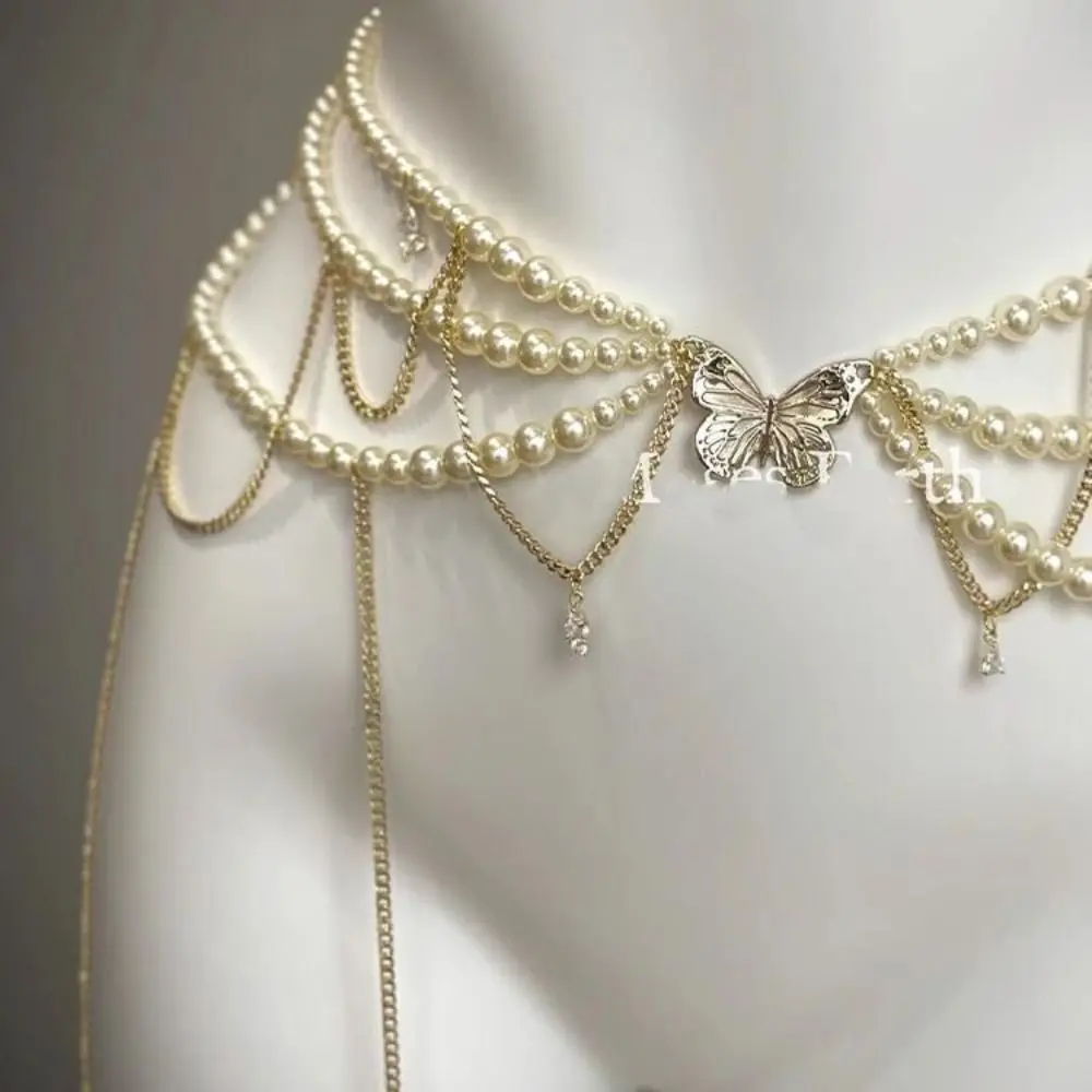 Moda elegante multicapa perla cintura cadena estilo coreano mariposa Sexy cuerpo cadena cinturón borla vientre cadena regalo