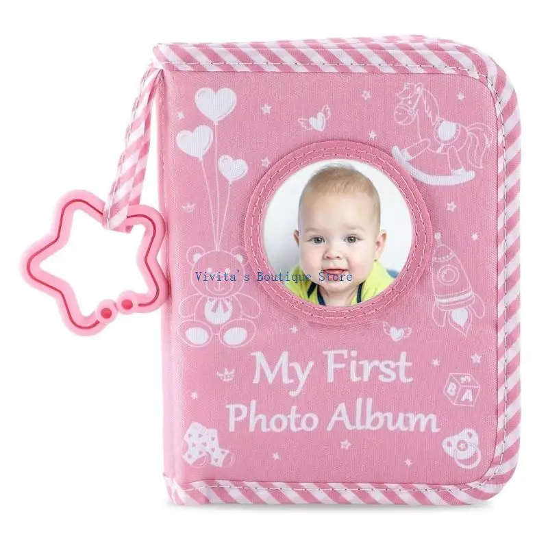 

Infant Growth Record Photo Album with Pink Bear Fabric Cover and Secure Mirror Teething Rings for Special Event Gift M76D