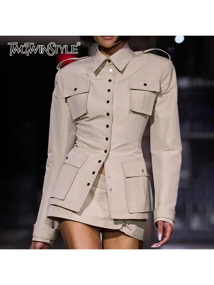 TWOTWINSTYLE Lace Up Spliced Pocket Slimming Blouse for Women Turn Down Collar Long Sleeve Patchwork Button Blouses Female Style