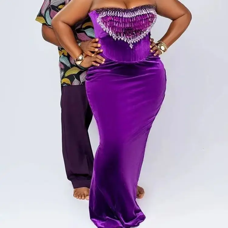 

2025 Purple plus Size Strapless Prom Dress Beaded Aso Ebi Style Sexy Evening Gown for African Women Formal Party Occasion