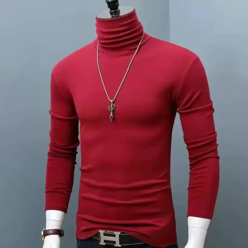 

2025 Autumn New Men Mid to High Collar Warm Clothes Solid Color Outdoor Leisure Running Slimming Long Sleeve Bottom Shirt