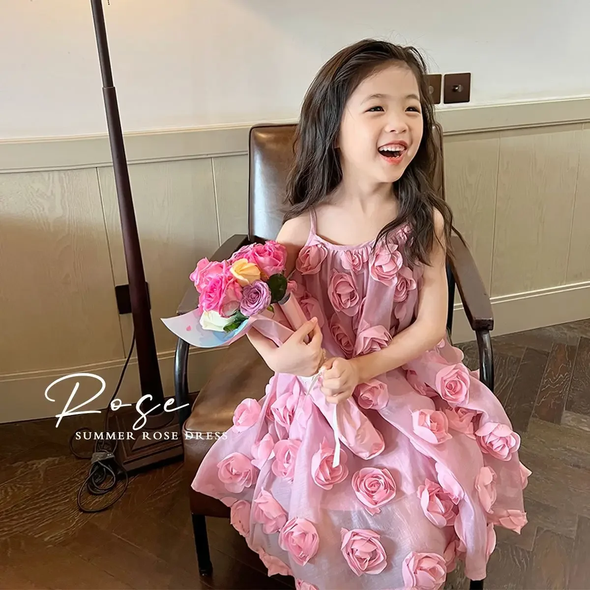 Girls Dress Korean Spring/Summer New Childrens Sweet Princess Dress Baby Sweet Pink Designable Dress Party