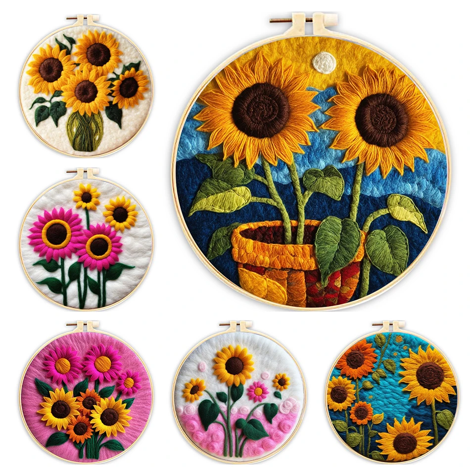 RUOPOTY Wollfilz-Malset, Sonnenblumen-Blumen, Filznadel-Set, Set aus Wollsackleinen, Stickrahmen, Kunsthandwerk, Filz, Kammgarn, Wolle