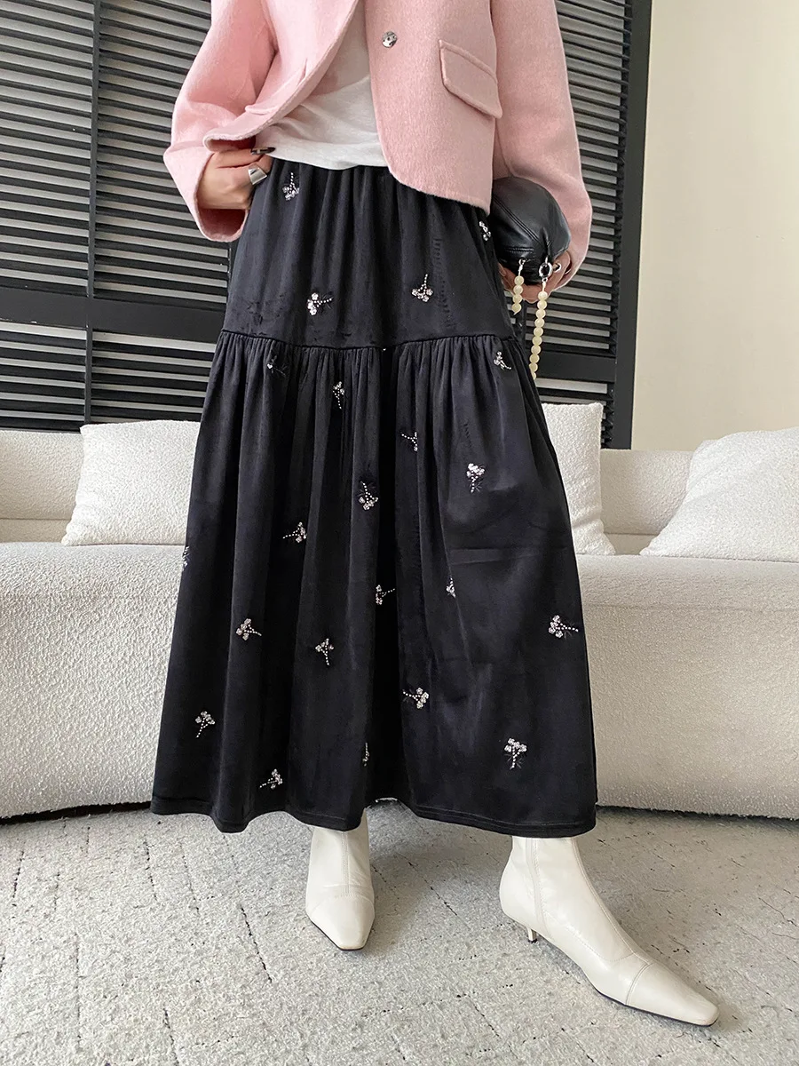 Autumn new style French retro nail bead embroidery elastic high waisted loose half skirt