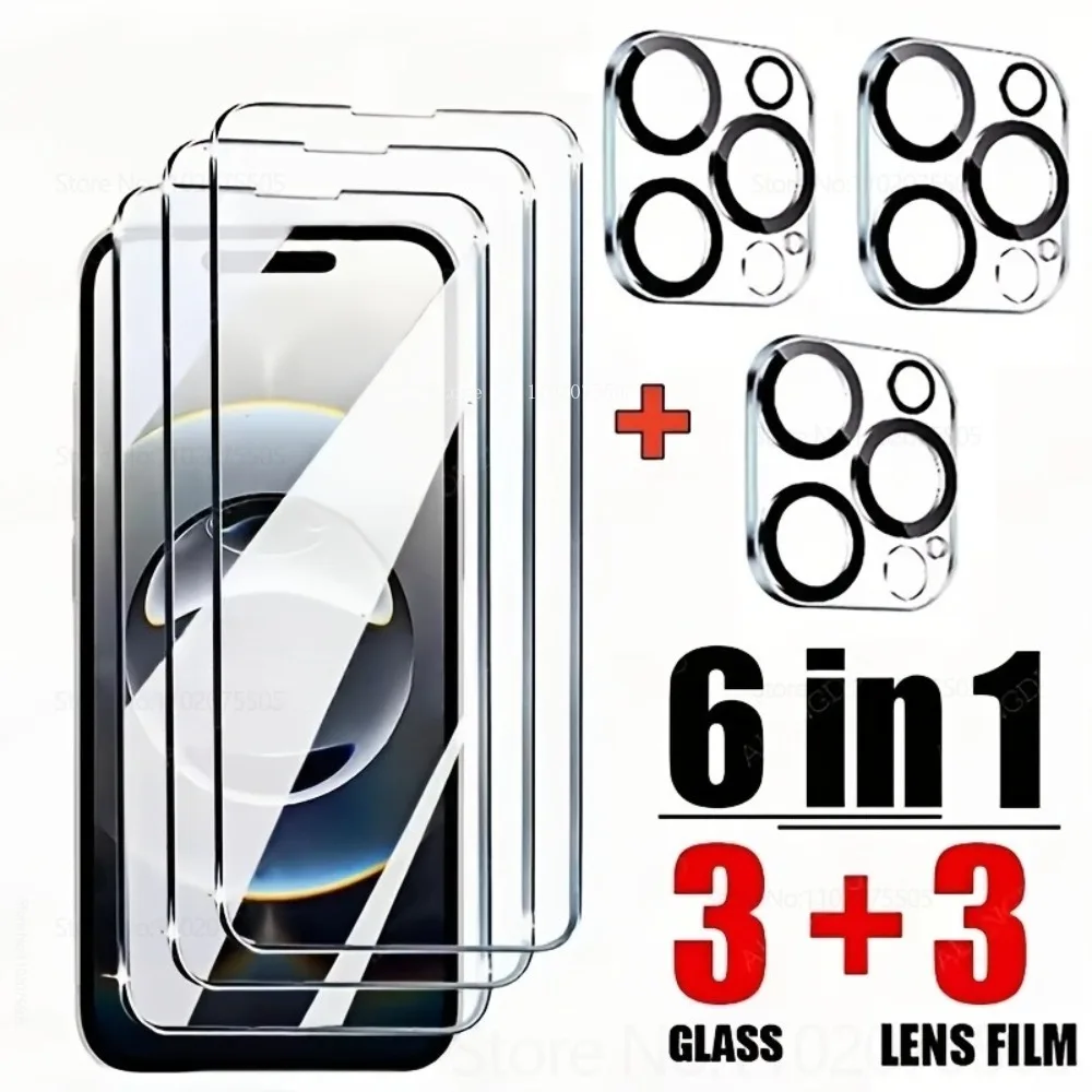 

[6-IN-1] 3pcs Black Border Tempered Glass for IPhone 15 Promax 13 Pro 14 Plus 11 12Mini 16 Promax 16E+3pcs Camera Protector Film