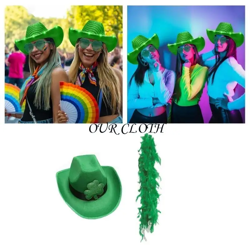 Green Hat for StPatrick Cowboy Hat Scarf Holiday Headdress Irish National Day Celebration Belt Buckle Cap Festival Props Y1AC