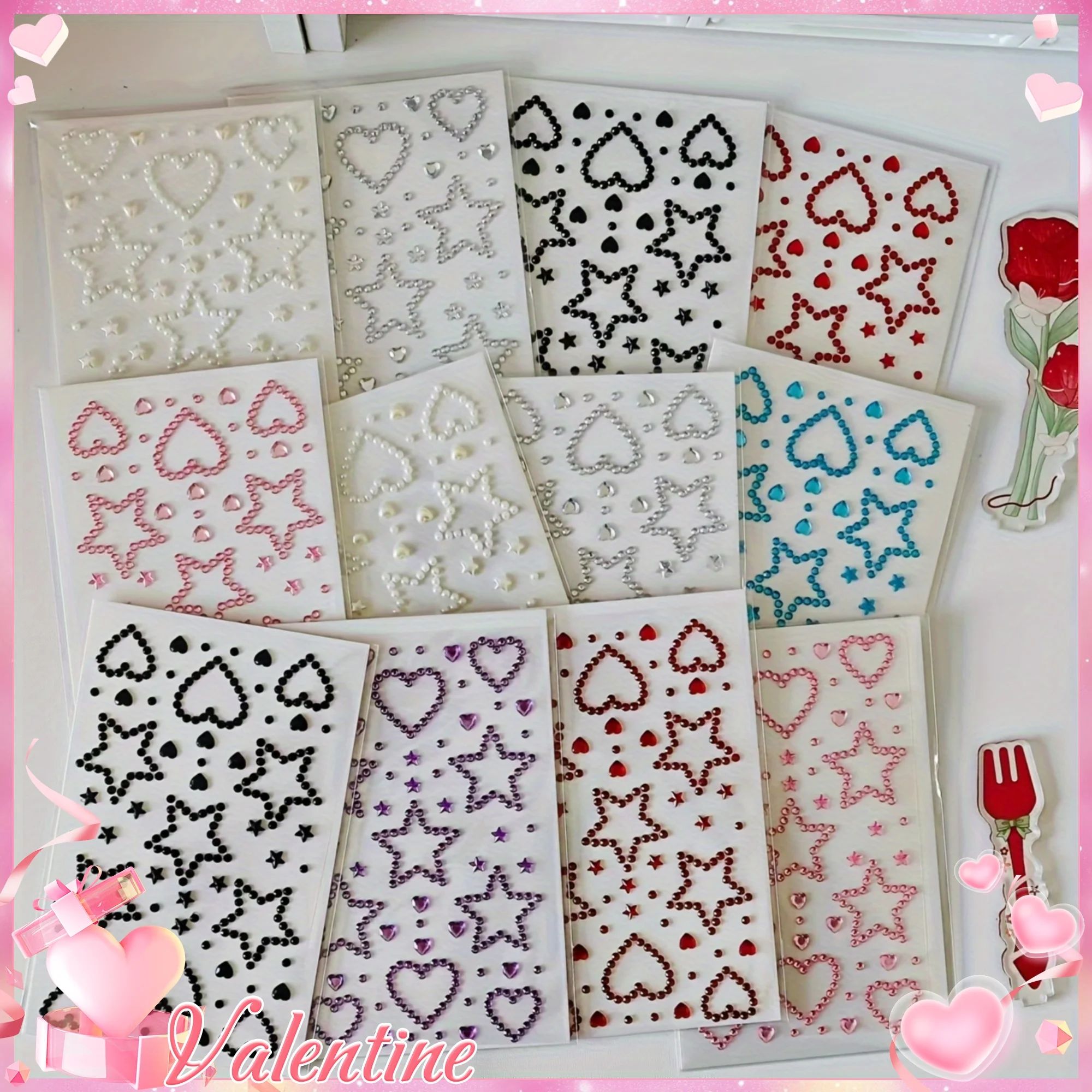 4 Sheets Self-Adhesive Love Heart Pentagram Face Stickers Faux Pearl Rhinestone Diamond Glitter Stickers for Makeup DIY Craft